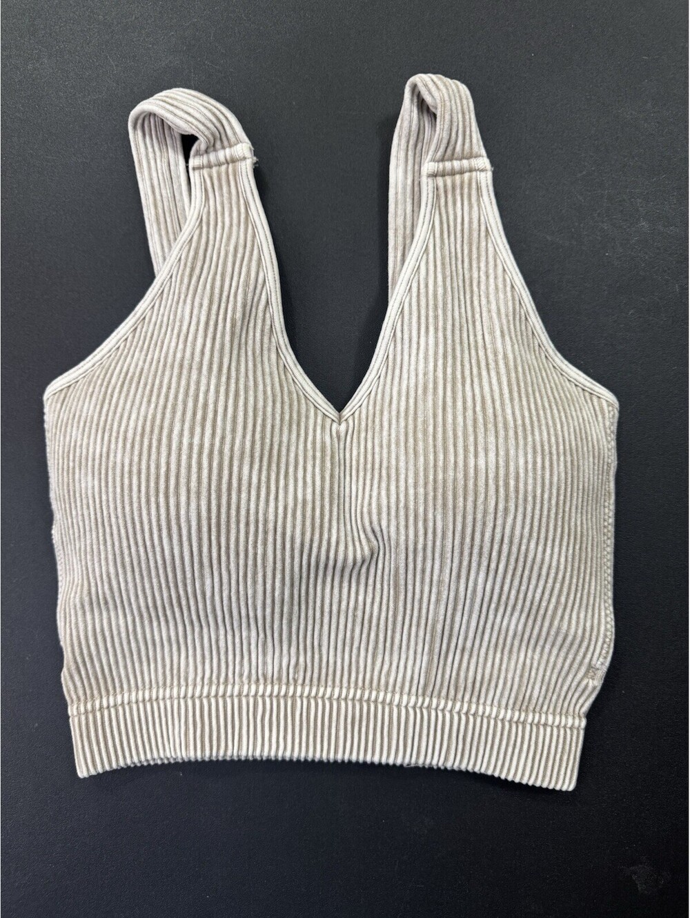 Zenana Ribbed Seamless V Neck Brami Crop Tank Top S/M Washed Taupe NEW